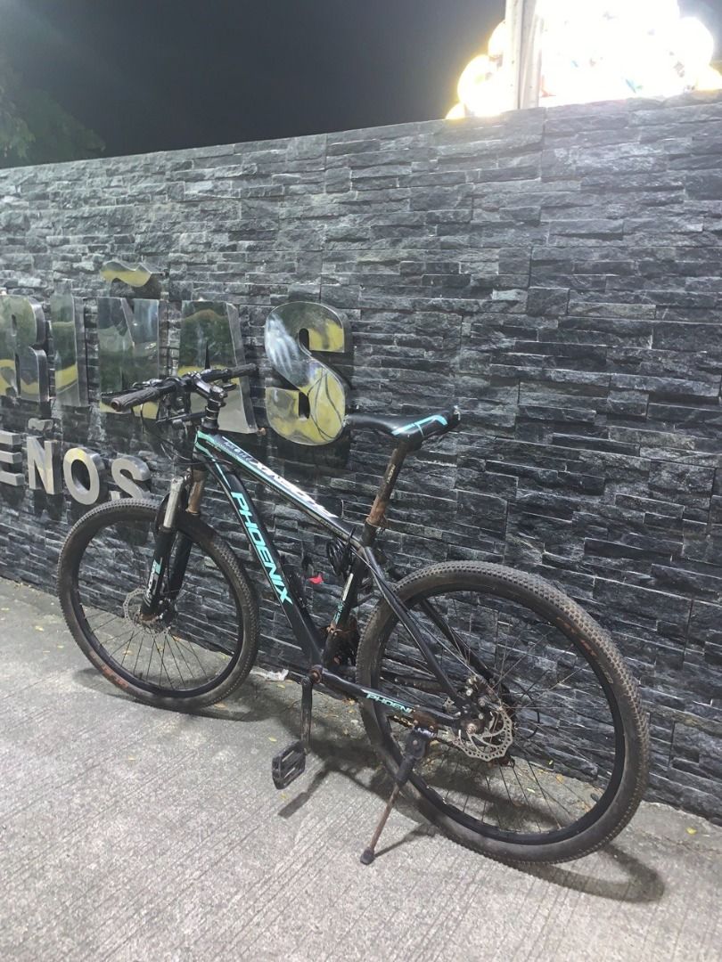 Phoenix Mountain Bike (Category: Bicycles) located in Dasmarinas. Submitted by irism7guel (Listing ID 1467503159, Image 3). Description: Fast sale (para mabenta agad) - Brand: Phoenix - Model: Hardtail MTB (SuperX / New Design) - Fork: FHS300 - 3×7 speed - Disc brakes - Black + teal/mint accents - Still working well, ready to ride. - second hand Freebies: - Bike tail red light - Bottle cage - Bicycle phone holder (Willing to negotiate. pick-up on