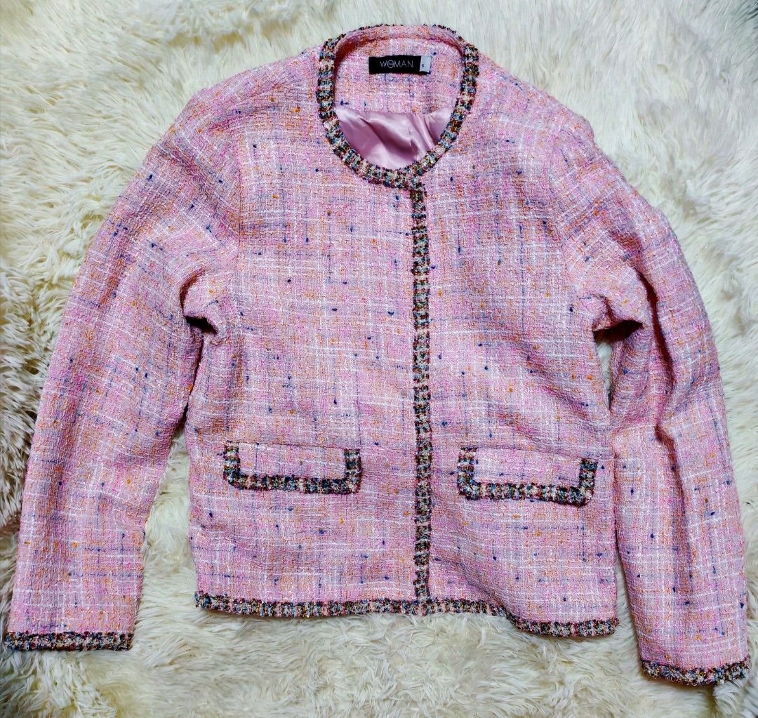 Pink Tweed Jacket Women Size S (Category: Coats, Jackets and Outerwear) located in Quezon City. Submitted by dolcesoprano (Listing ID 1467417307, Image 1). Description: - Style: Pink tweed jacket with multicolored threads - Features: Front pockets and stylish fringe trim along collar, placket, pockets, and hem - Interior: Fully lined with smooth pink fabric - Size: Small - Condition: Excellent.
