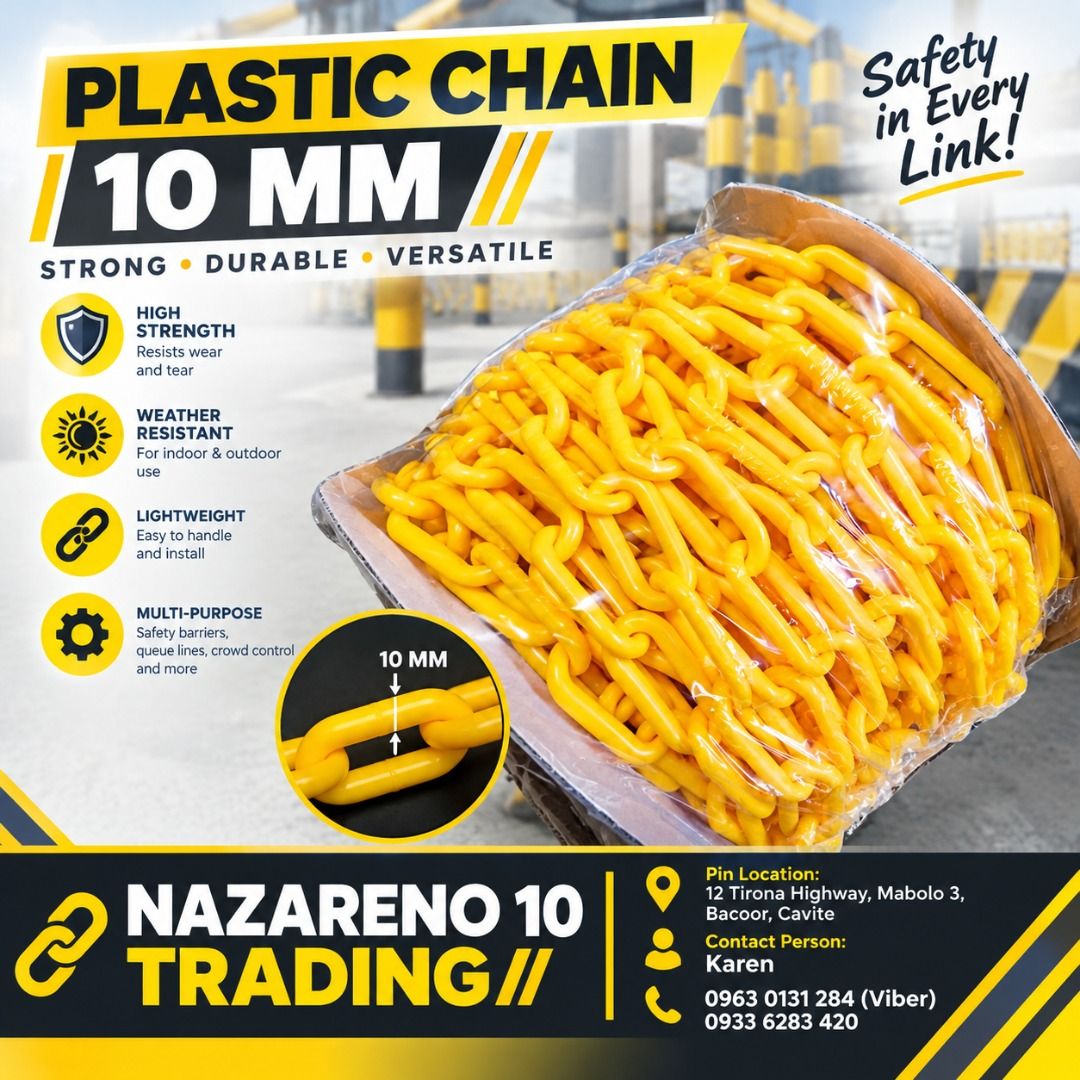Plastic Chain 10mm x 25 meters (Category: Looking For) located in Bacoor. Submitted by kajezame.2021 (Listing ID 1467443981, Image 1). Description: Plastic Chain 10mm x 25 meters For More Details and Discount Contact Ms. Karen NAZARENO 10 TRADING 0963 0131 284 0933 6283 420 0956 7028 557 0933 8559 510 Landline: Look for Ms. Karen (046 ) 416 3920 Also available: • Traffic cone • Parking Block stopper • Hooded trash bin • Road Plastic Barrier • Spi