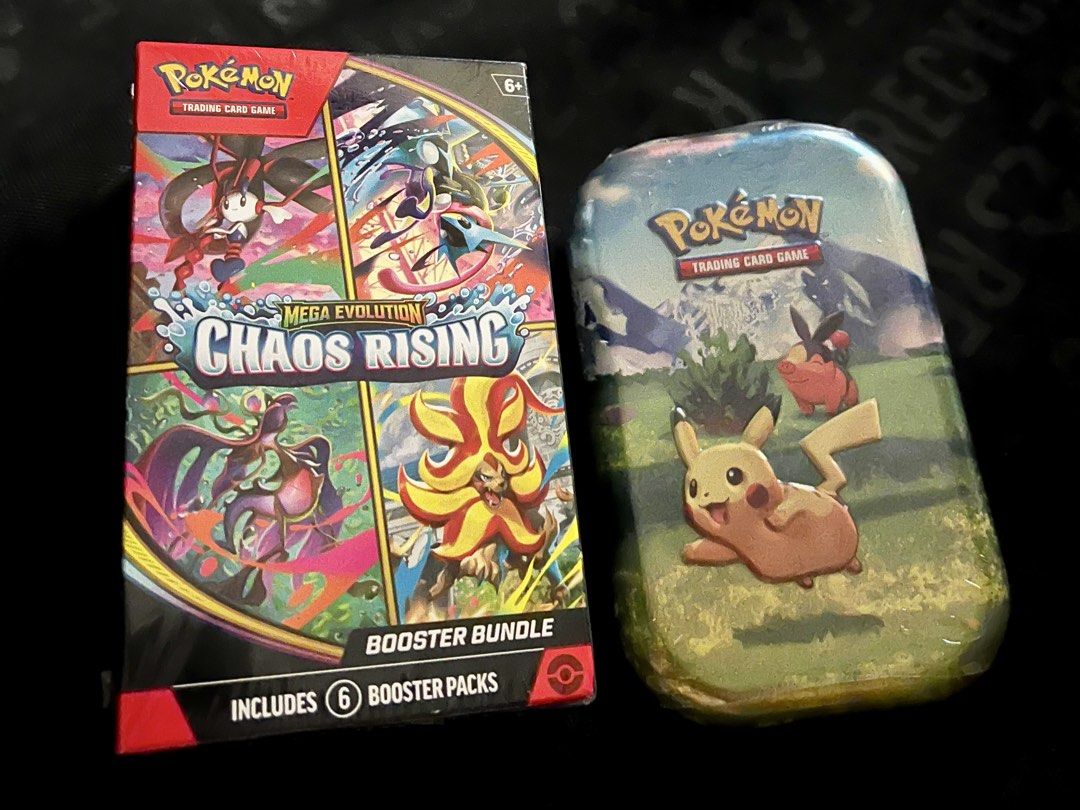 Pokémon Mega Evolution Chaos Rising Booster Pack English (Category: Card Packs) located in Manila. Submitted by keyela (Listing ID 1467433220, Image 1). Description: Mega Evolution – Ascended Heroes Mini Tin (Pikachu & Tepig) ₱2,100 Chaos Rising Booster Bundle ₱2,700 📍Makati City.