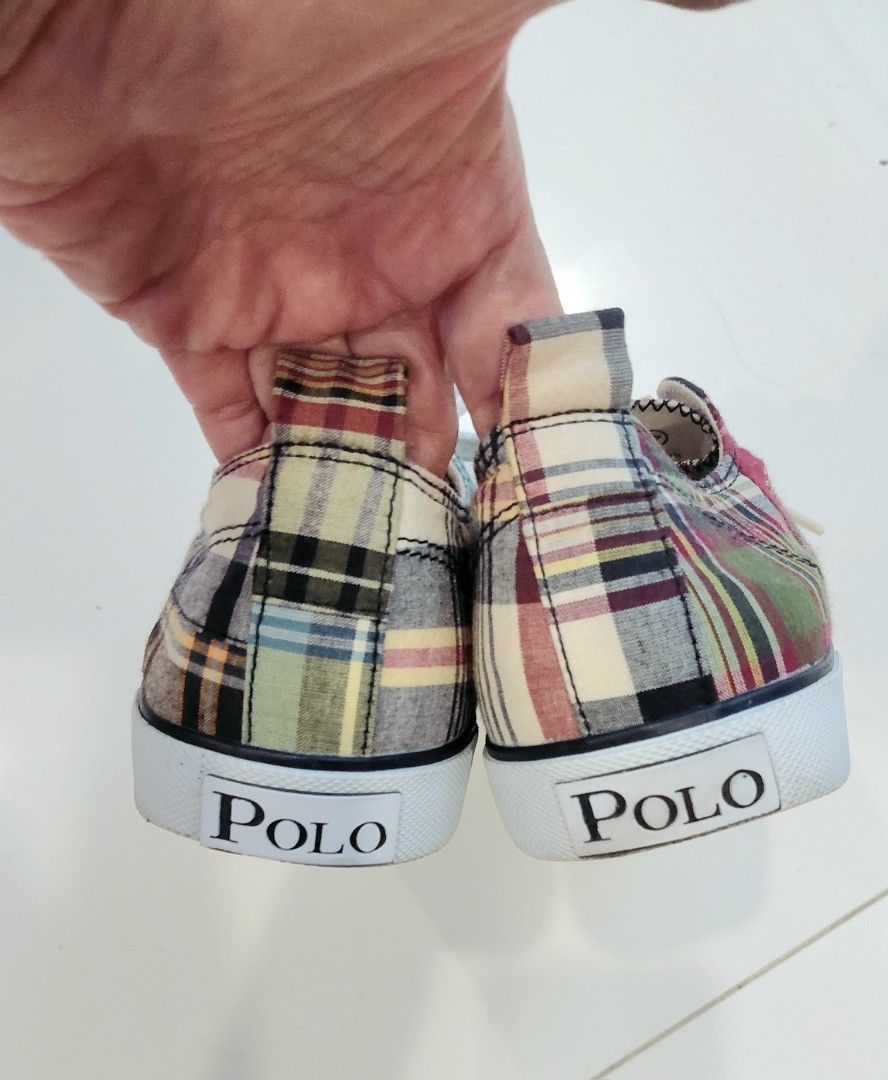 💯Polo Ralph Lauren Patchwork Plaid Canvas Sneakers (Category: Sneakers) located in Mandaluyong City. Submitted by arlene2560 (Listing ID 1467415478, Image 3). Description: 💯 Polo Ralph Lauren Bal Harbour Low canvas sneakers featuring a multicolor patchworked Madras plaid pattern. 37 on tag, fits a 38 also.or 9.8" insole measurements. Decluttering P2300. Mandaluyong - Brand: Polo Ralph Lauren - Design: Vibrant patchwork plaid pattern with signat