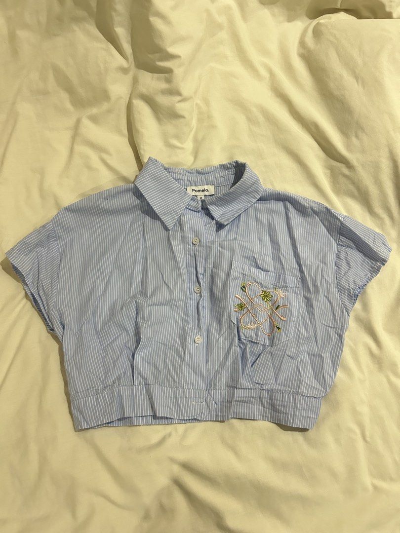 Pomelo Cropped Button-Up Embroidered Top (Category: Shirts) located in Cavite. Submitted by lj.collection (Listing ID 1467408466, Image 1). Description: ✦ Best fits S-M ✦ SRP: ₱1,500 ✦ Slightly Negotiable ✦ Worn twice!.