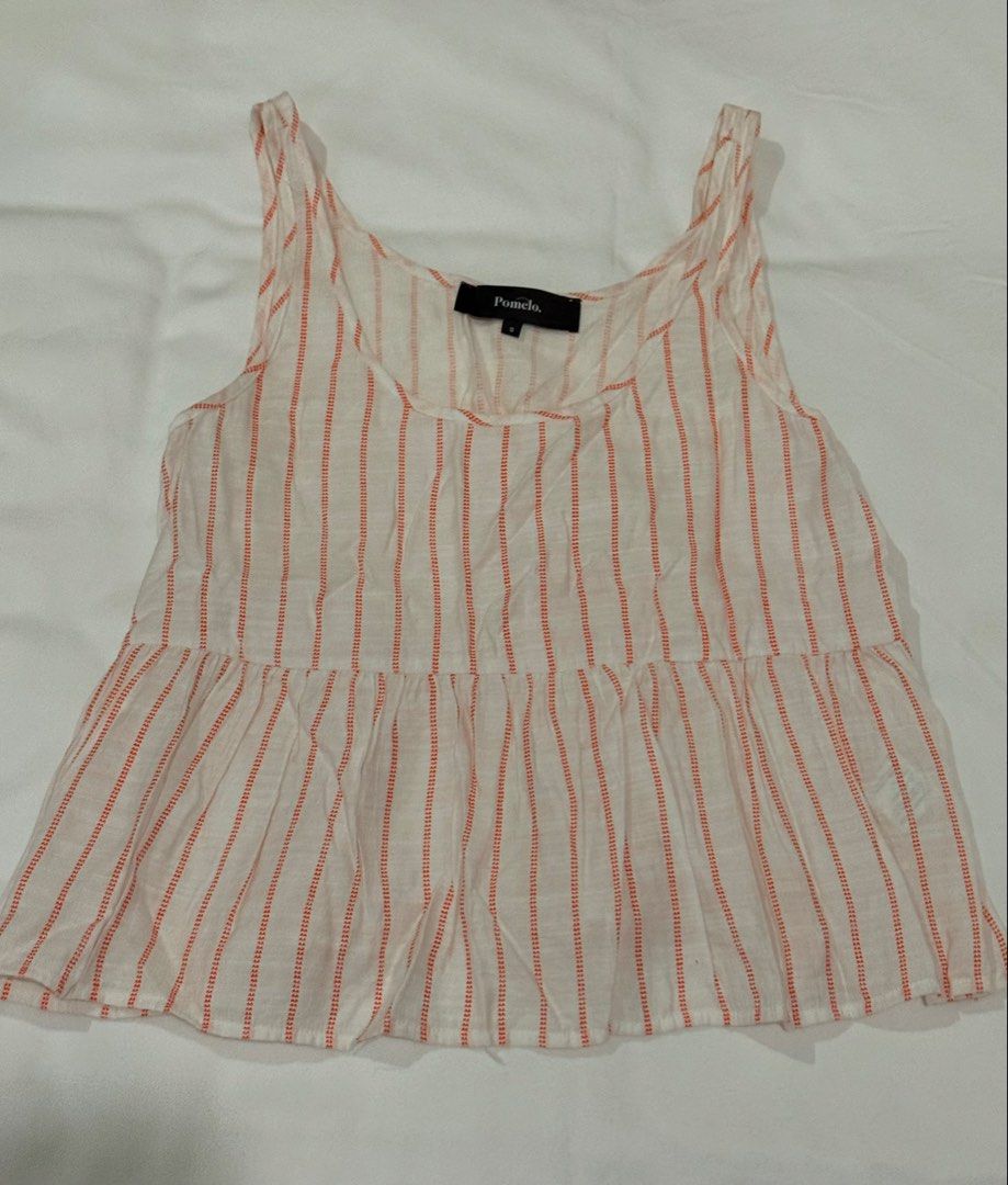 Pomelo Striped Peplum Tank Top (Category: Sleeveless) located in Pasig City. Submitted by mxvxt (Listing ID 1467450270, Image 1). Description: 〰 in good condition 〰 fits XS-S frame 〰 cute & dainty european summer top! 〰 bought for 850, selling for cheap :) 〰 rfs: decluttering .