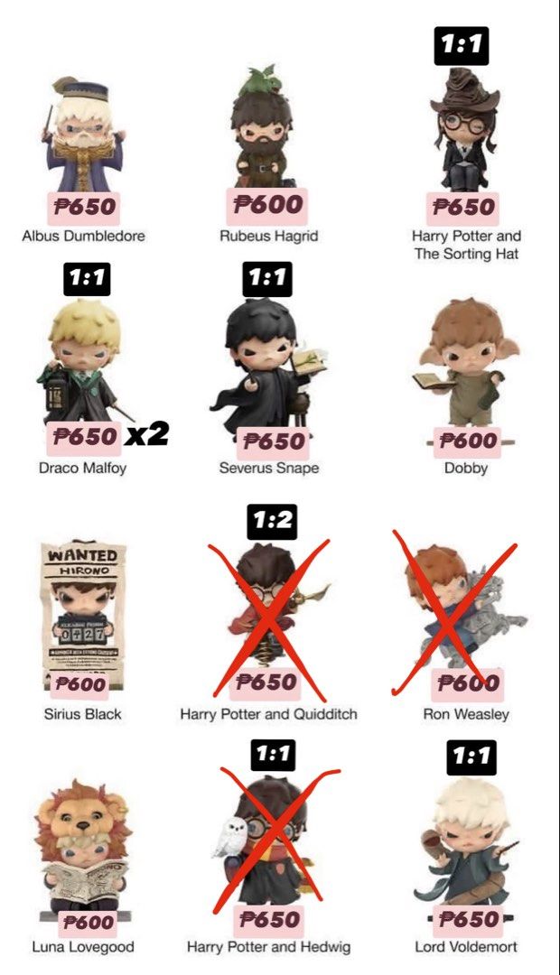 POP MART Hirono Harry Potter Sealed Confirmed Figures (Category: Designer & Blind Box Toys) located in Manila. Submitted by shazzie (Listing ID 1467598545, Image 1). Description: ₱600 for non chase, ₱650 for chase MIX & MATCH Harry Potter x Hirono Series! 🤓🪄🐍 ₱1250 per set of 2! Pick 1 per bracket! BRACKET A 🩵 - Harry Potter & the Sorting Hat - Severus Snape - Draco Malfoy - Draco Malfoy (yes i have 2 dracos) - Lord Voldemort BRACKET B 🩷 - R