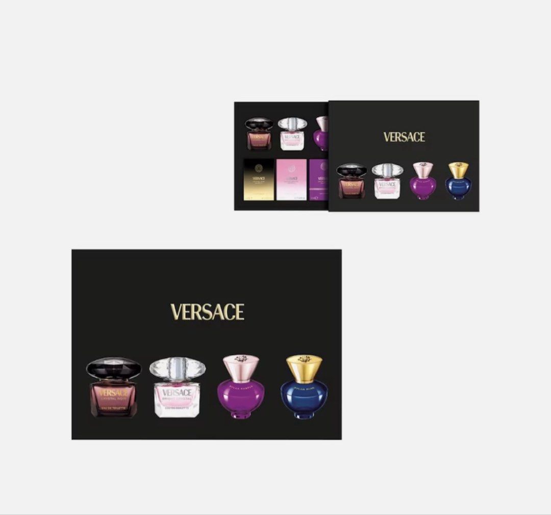 [PRE-ORDER] Versace Mini Perfume For Sale (Category: Fragrance & Deodorants) located in Quezon City. Submitted by alyssg (Listing ID 1467520031, Image 1). Description: [PRE-ORDER] - The order will arrive by FEBRUARY 2026! - Bought in Germany - 100% Authentic Fragrance Set - Includes 4 iconic scents: Crystal Noir, Bright Crystal, Dylan Purple, and Dylan Blue - Brand new, untouched bottles in original black and gold box packaging.