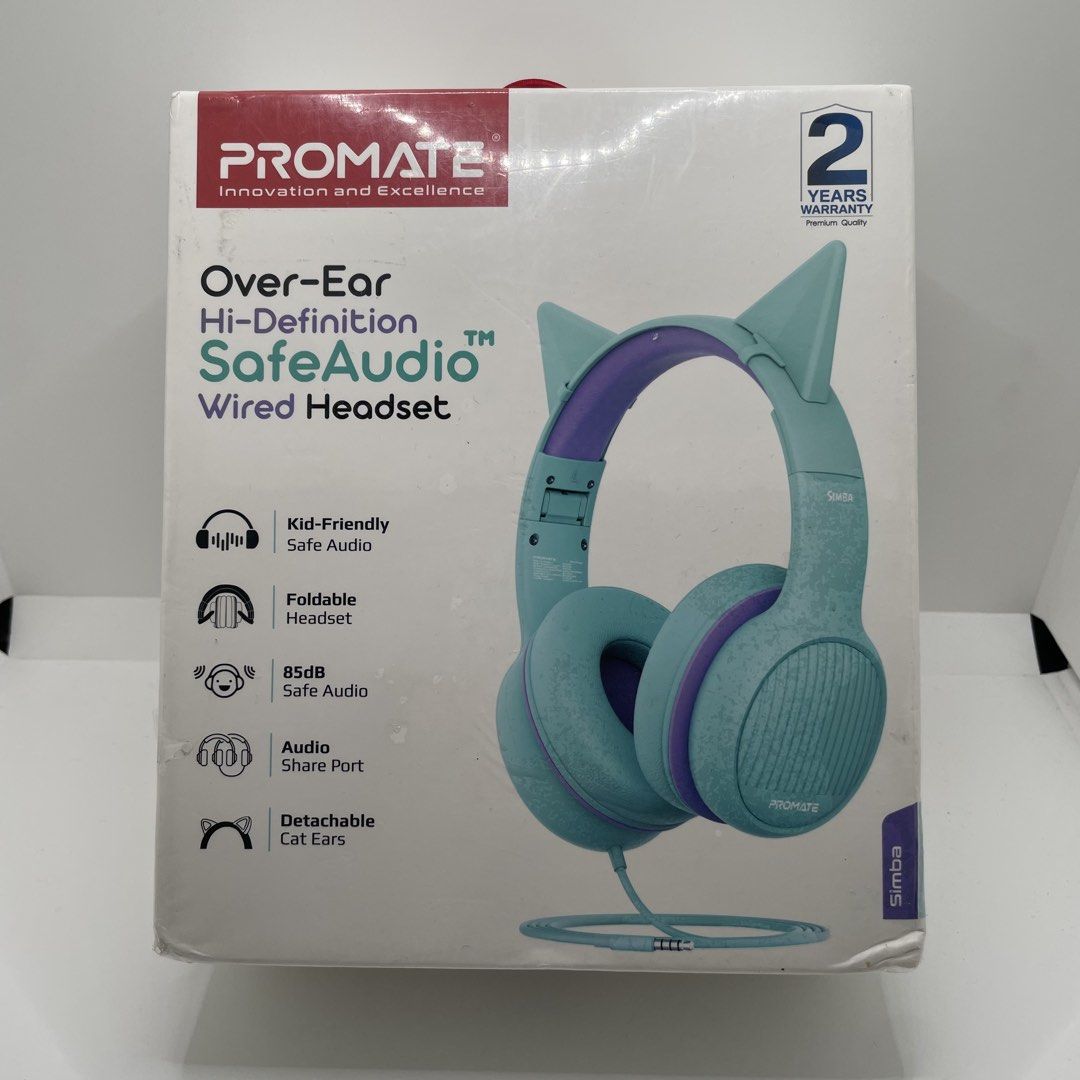 Promate Simba Over-Ear Hi-Definition SafeAudio Wired Headset (Category: Headphones & Headsets) located in Mandaluyong City. Submitted by akihabara48 (Listing ID 1467418172, Image 1). Description: Old Stock Sealed - Brand new, unopened Promate Simba wired headset for kids in a stylish Teal color - Adorable detachable cat ears for a fun look - Hearing-safe with an 85dB volume limit - Comfortable soft cushioned earpads and foldable headband design -