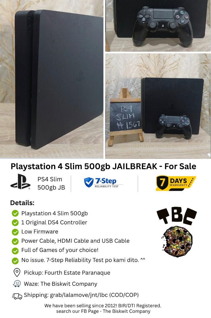 PS4 Slim 500gb Jailbreak pupunuin na po! (Category: PlayStation) located in Paranaque City. Submitted by thebiskwitcompany (Listing ID 1467417650, Image 1). Description: Unit #1567 PS4 Slim 500gb JB P7995 -Unit, Controller, hdmi, power cables, usb charging cable -no issue (wifi. Games,hdmi,ghost movement etc) -1 V2 original controller -Low Firmware -Like New Condition -Pupunuin na natin aroung 12-18 games po Shipping through grab/lalamove/jnt/lbc