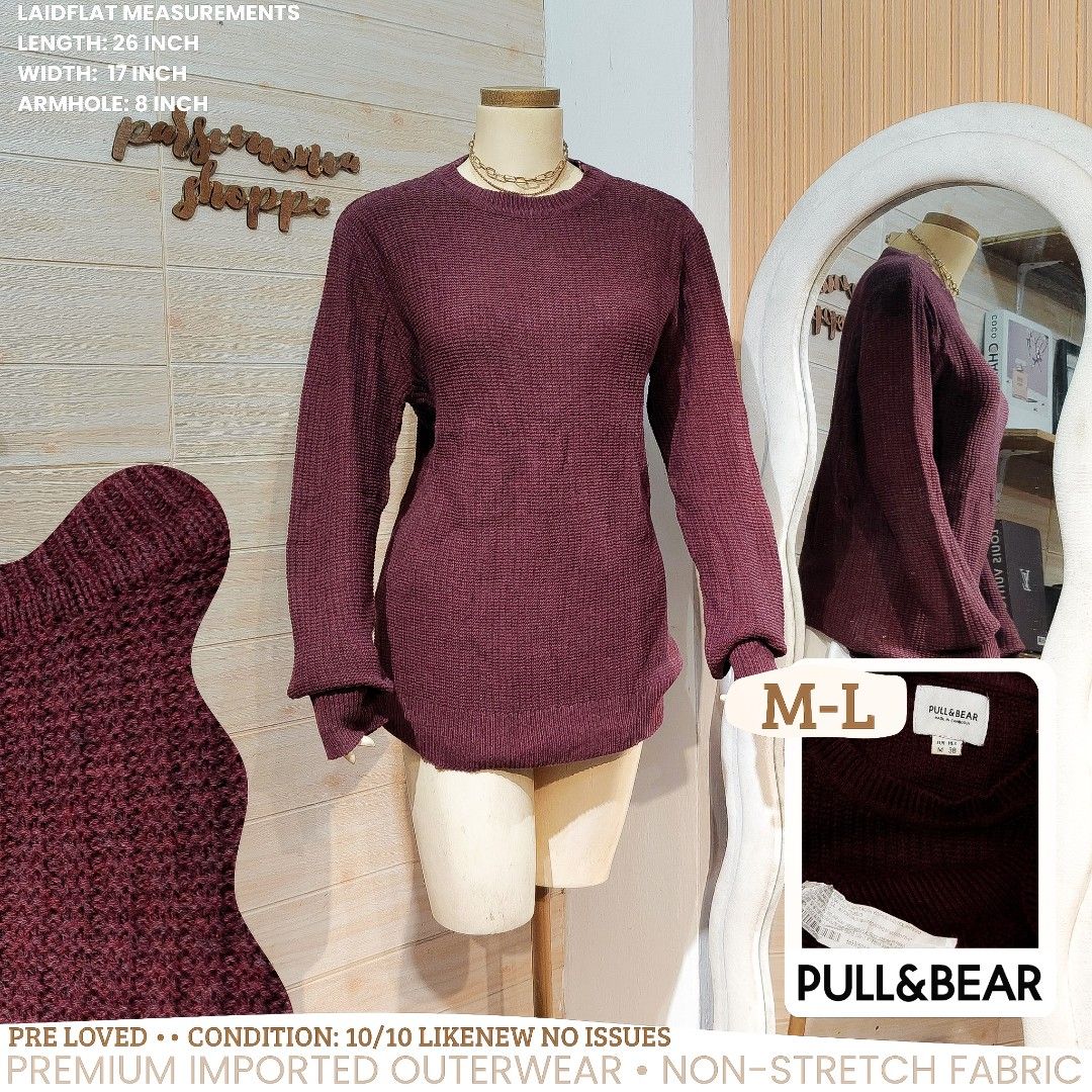 Pull&Bear Maroon Knit Sweater Freesize Likenew (Category: Coats, Jackets and Outerwear) located in Bulacan. Submitted by alyssarys (Listing ID 1467502432, Image 1). Description: personal used •authentic from Eur No issues Pull&Bear maroon knit sweater, size M 38. Crew neck style with long sleeves, made in Cambodia. Laid flat measurements: length 26 inches, width 17 inches, armhole 8 inches. Non-stretch fabric, premium imported material. No issues
