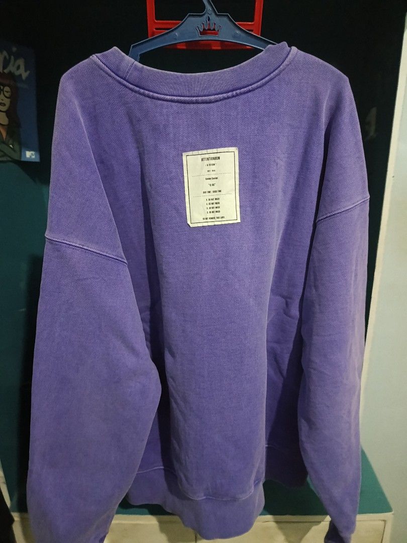 Purple Sweatshirt A-10-Row (Category: Coats, Jackets and Outerwear) located in General Santos City (Dadiangas). Submitted by sejix (Listing ID 1467600455, Image 3). Description: - Brand: Attentionrow (2017-2018 "4:44" concept) - Color: Purple with a cool heavy wash look - Material: Thick, premium cotton for a cozy, relaxed fit - Details: Ribbed collar, cuffs, and hem; red inner collar tag with text branding - Back Design: Large white patch featur