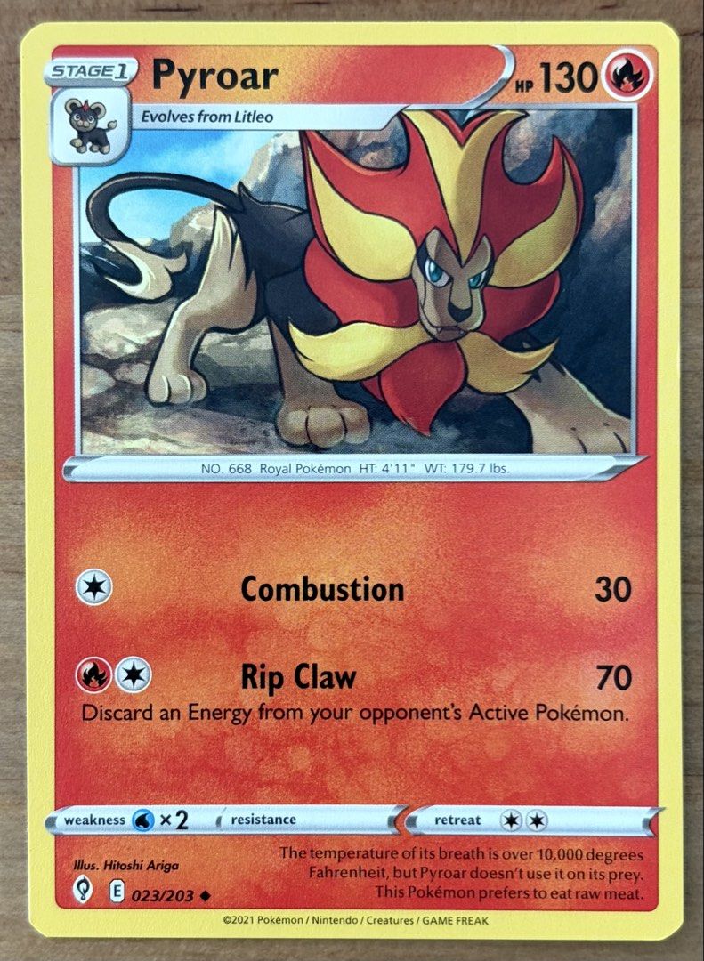 Pyroar | Pokemon Cards ~ Evolving Skies (Category: Raw Singles) located in Makati City. Submitted by cardlab (Listing ID 1467601928, Image 1). Description: Items are 💯 authentic/original/legit. About The Card: •Language: EN • Number: 023/203 • Uncommon • Normal FOR: • Cards ₱99 and below with Card Sleeves • Cards ₱100 and up with Card Sleeves and Used Toploader • ₱10 for Bnew Tops Packaging (If Shipping): ✔️ Plastic cover ✔️ Cardboard ✔️ Bubble 