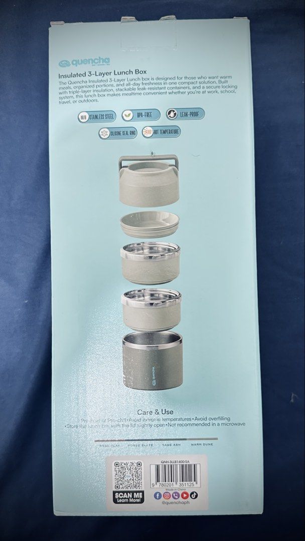 Quencha Insulated 3-Layer Lunch Box Sage Ash (Category: Food Organization & Storage) located in Cabuyao City. Submitted by petsd (Listing ID 1467504860, Image 2). Description: Quechua 3-layer insulated lunch box in Sage Ash. Made of 18/8 stainless steel, BPA-free materials, and silicone seals. Features stackable, leak-resistant containers with great heat retention. Comes with the original box. Perfect for work or school!.
