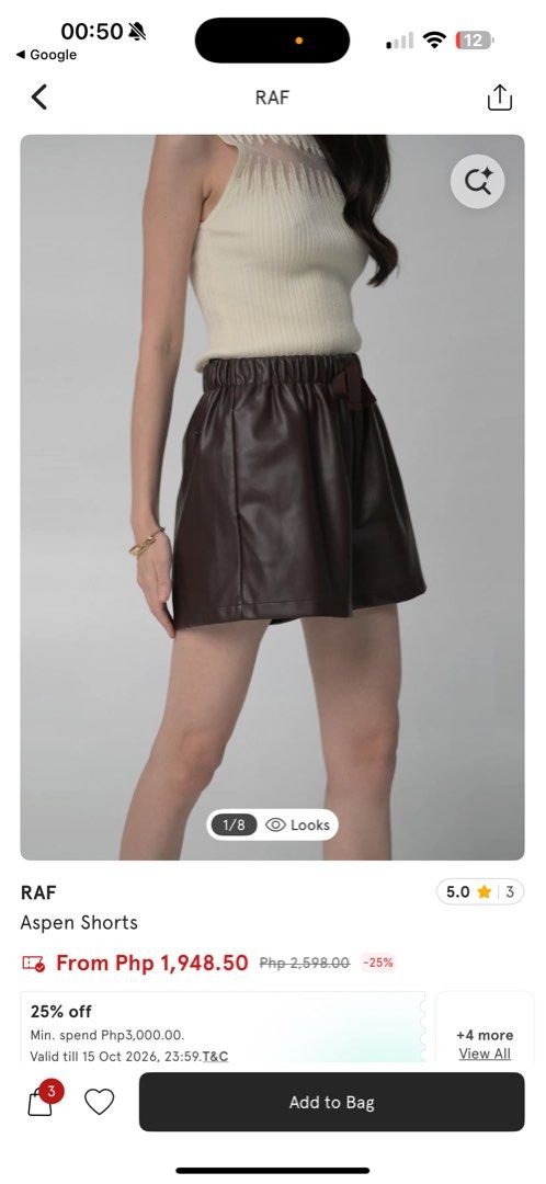 RAF Aspen Shorts Brown Size M (Category: Shorts) located in Quezon City. Submitted by preloved.lux15 (Listing ID 1467558204, Image 1). Description: - Brand/Model: RAF Aspen Shorts - Color: Brown - Material: Soft faux leather - Size: Medium - Waistband: Elastic with front drawstring - Details: Metal R.A.F brand tag near hem - Fit: Comfortable pull-on style.