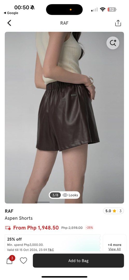 RAF Aspen Shorts Brown Size M (Category: Shorts) located in Quezon City. Submitted by preloved.lux15 (Listing ID 1467558204, Image 2). Description: - Brand/Model: RAF Aspen Shorts - Color: Brown - Material: Soft faux leather - Size: Medium - Waistband: Elastic with front drawstring - Details: Metal R.A.F brand tag near hem - Fit: Comfortable pull-on style.