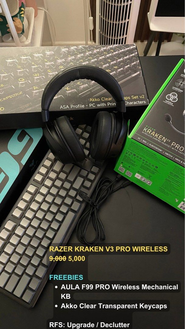 Razer Kraken V3 Pro Wireless Gaming Headset with Freebies (Category: Headphones & Headsets) located in Quezon City. Submitted by fractalline (Listing ID 1467454570, Image 1). Description: - Bundle includes: Razer Kraken V3 Pro wireless gaming headset, Aula F99 Pro wireless mechanical keyboard, and Akko clear transparent keycaps - Reason for selling: Upgrading setup and decluttering extra gear - Includes everything shown in the photos - Condition: