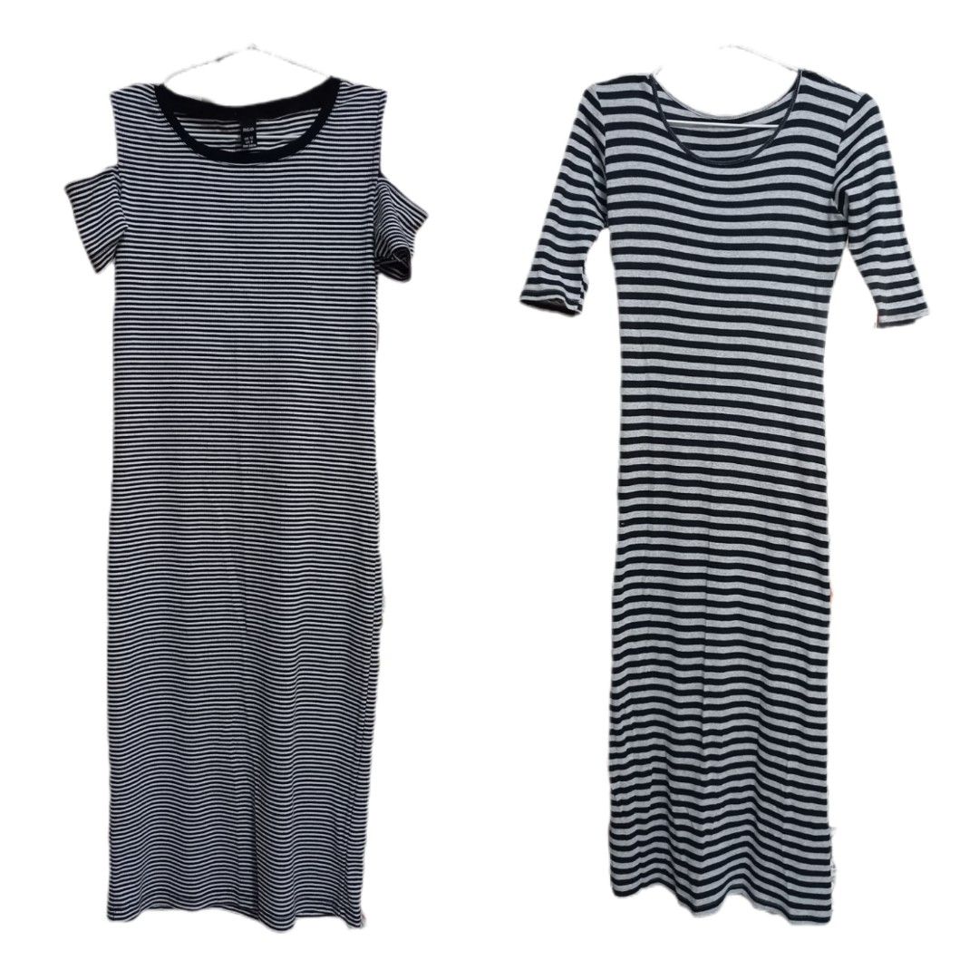 BUNDLE Midi Dress (Category: Dresses) located in General Santos City (Dadiangas). Submitted by silvkimber62755 (Listing ID 1467418863, Image 1). Description: - Bundle includes 2 stylish striped midi dresses - Dress 1: Cold shoulder sleeves with a black ribbed collar - Dress 2: Classic round neckline with mid-length sleeves - Material: Stretchy, comfortable ribbed knit fabric - Size: EUR 38 / M, UK 12, US 8 - Condition: Great casual everyday piece