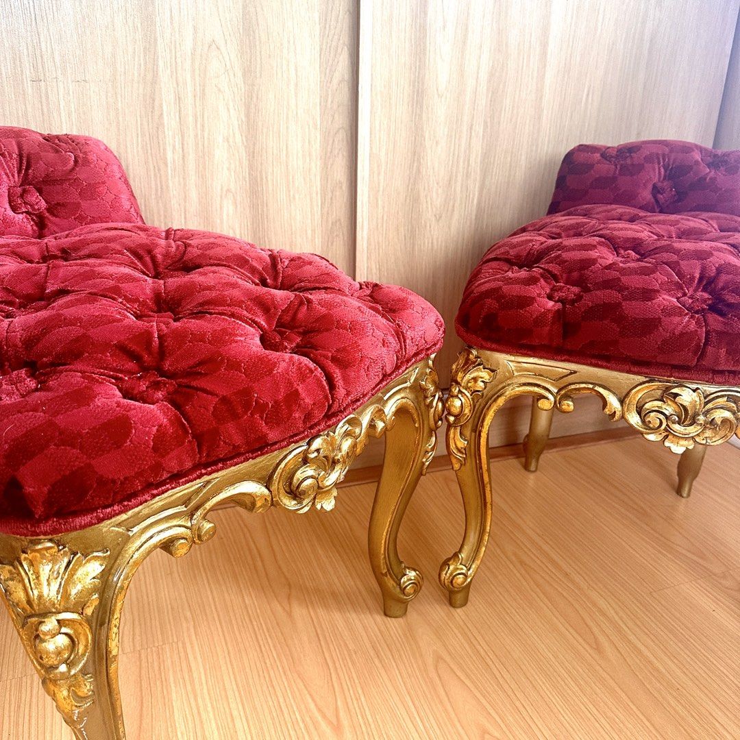Red Baroque-style bench (pair) (Category: Chairs) located in Cavite. Submitted by ashieechill (Listing ID 1467417903, Image 2). Description: 💸 MOP: GCash/BPI Bank Transfer 📦 J&T and Lalamove delivery 💡Direct messages are open for further product details RFS: Decluttering.