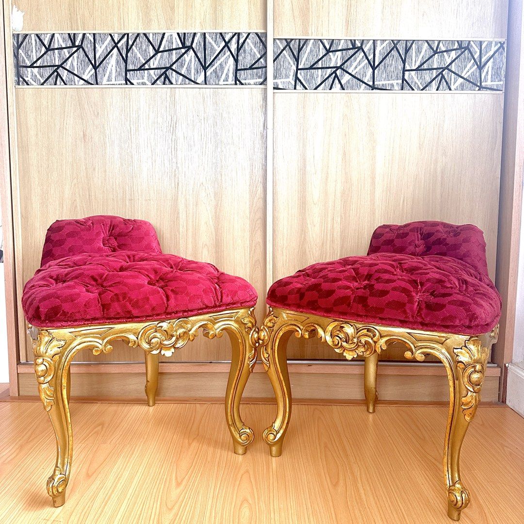Red Baroque-style bench (pair) (Category: Chairs) located in Cavite. Submitted by ashieechill (Listing ID 1467417903, Image 1). Description: 💸 MOP: GCash/BPI Bank Transfer 📦 J&T and Lalamove delivery 💡Direct messages are open for further product details RFS: Decluttering.