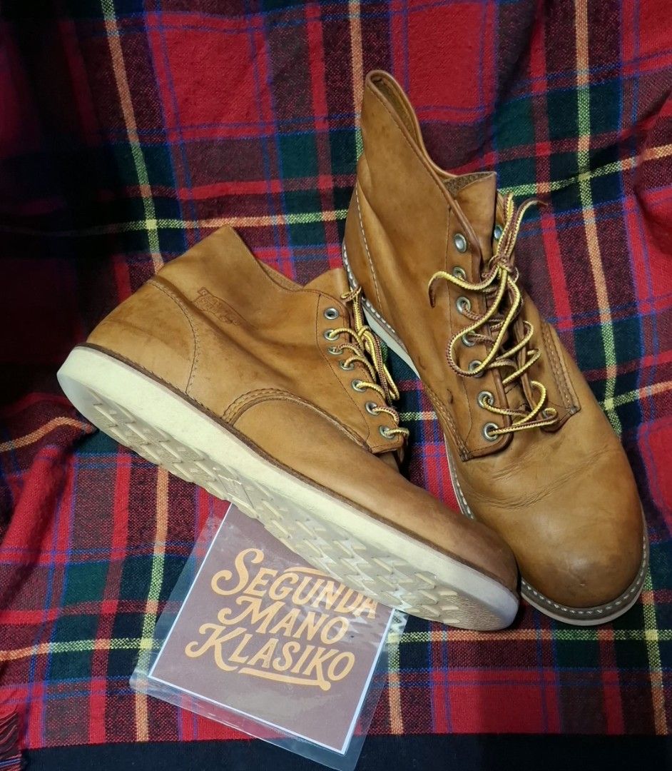 Red Wing Leather Boots Tan Men's Workwear (Category: Boots) located in Manila. Submitted by vhinarcega (Listing ID 1467547524, Image 3). Description: - Brand: Red Wing - Style: Tan leather work boots with classic lace-up front - Soles: Iconic white wedge soles - Laces: Includes yellow and brown taslan laces - Details: Signature embossed logo on the side ankle and rugged welt stitching - Condition: Beautiful natural patina from gentle wear - No CO