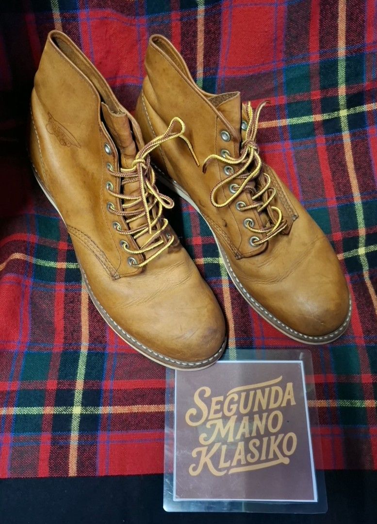 Red Wing Leather Boots Tan Men's Workwear (Category: Boots) located in Manila. Submitted by vhinarcega (Listing ID 1467547524, Image 1). Description: - Brand: Red Wing - Style: Tan leather work boots with classic lace-up front - Soles: Iconic white wedge soles - Laces: Includes yellow and brown taslan laces - Details: Signature embossed logo on the side ankle and rugged welt stitching - Condition: Beautiful natural patina from gentle wear - No CO
