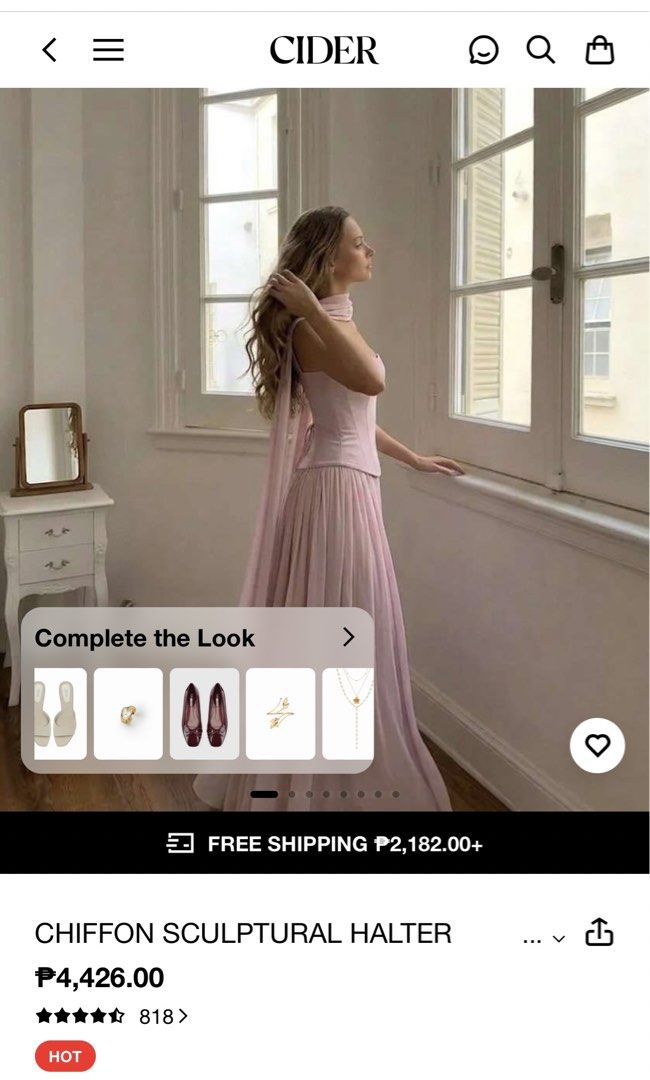 (Rent) Cider Chiffon Formal Dress (Category: Dresses) located in Manila. Submitted by kkettlecornn (Listing ID 1467389858, Image 3). Description: - Brand: Cider - Style: Chiffon Sculptural Halter Dress - Color: Pink - Condition: Excellent - Design details: Halter neck with back scarf, lace-up corset-style back, asymmetrical structured waist - Skirt features: Pleated maxi length with a side slit - specific size details on the last slide XXS Dm to 