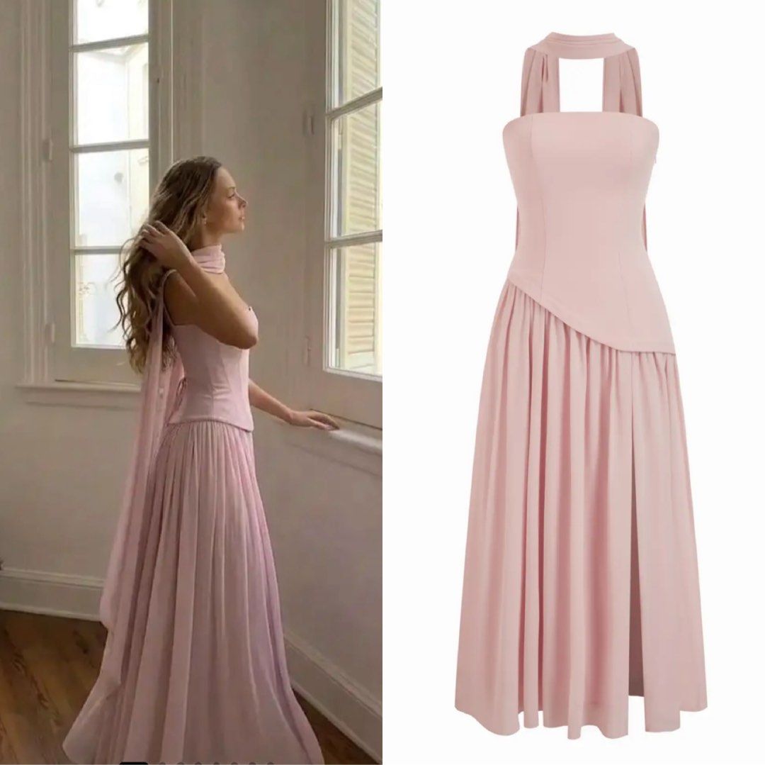 (Rent) Cider Chiffon Formal Dress (Category: Dresses) located in Manila. Submitted by kkettlecornn (Listing ID 1467389858, Image 1). Description: - Brand: Cider - Style: Chiffon Sculptural Halter Dress - Color: Pink - Condition: Excellent - Design details: Halter neck with back scarf, lace-up corset-style back, asymmetrical structured waist - Skirt features: Pleated maxi length with a side slit - specific size details on the last slide XXS Dm to 