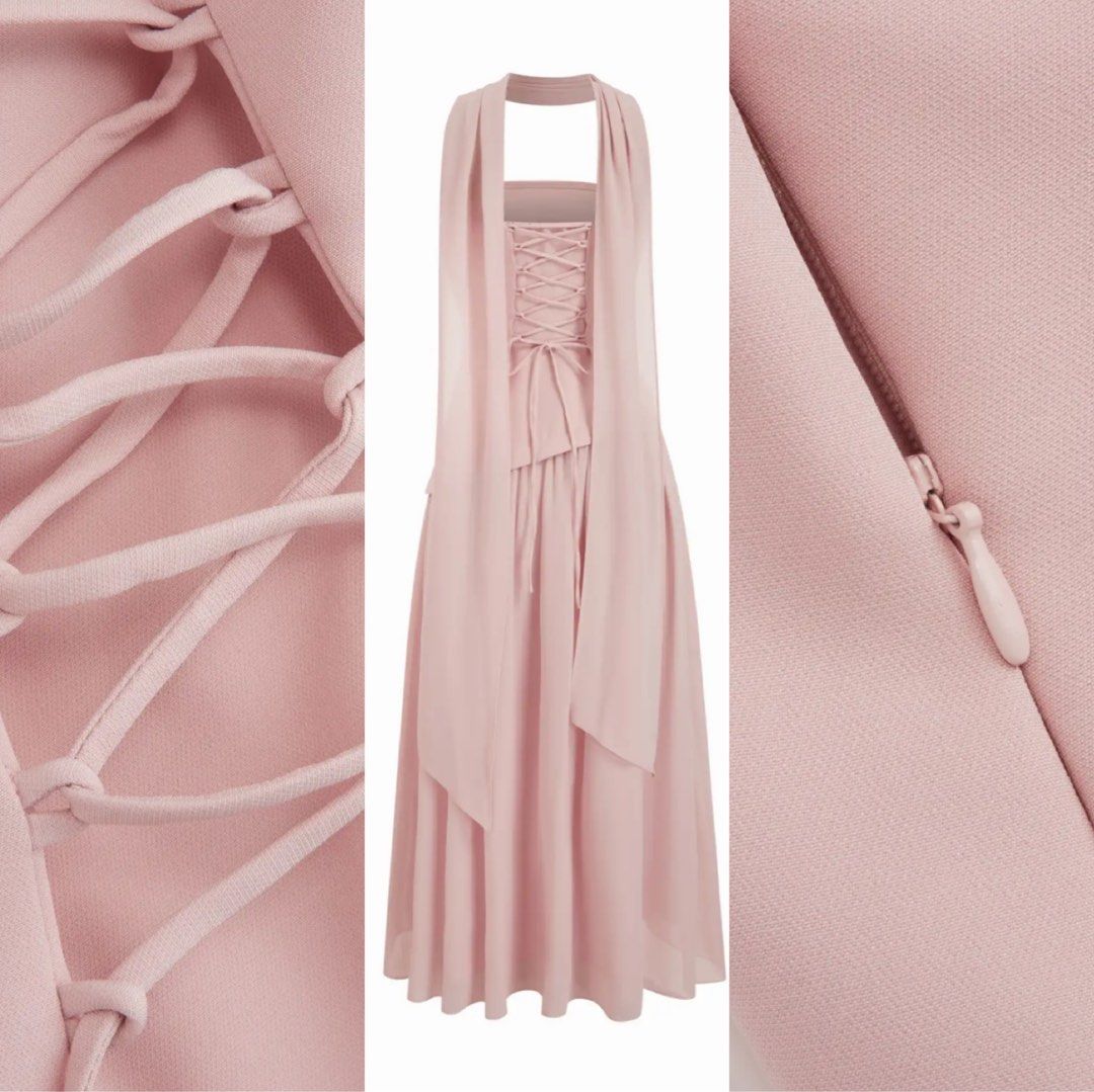 (Rent) Cider Chiffon Formal Dress (Category: Dresses) located in Manila. Submitted by kkettlecornn (Listing ID 1467389858, Image 2). Description: - Brand: Cider - Style: Chiffon Sculptural Halter Dress - Color: Pink - Condition: Excellent - Design details: Halter neck with back scarf, lace-up corset-style back, asymmetrical structured waist - Skirt features: Pleated maxi length with a side slit - specific size details on the last slide XXS Dm to 