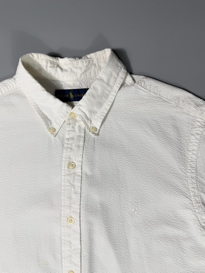 RL White Pony Textured Button-Up S/S Polo White (Category: Formal Shirts) located in Manila. Submitted by whowearsstreetwear (Listing ID 1467561194, Image 3). Description: RL White Pony Textured Button-Up S/S Polo White (Authentic) - Size: Large (measurements in inches) W - 22.5 L - 30 Condition: Excellent Flaw/s: minor light stain only + shipping fee Location: Manila (Near UST).