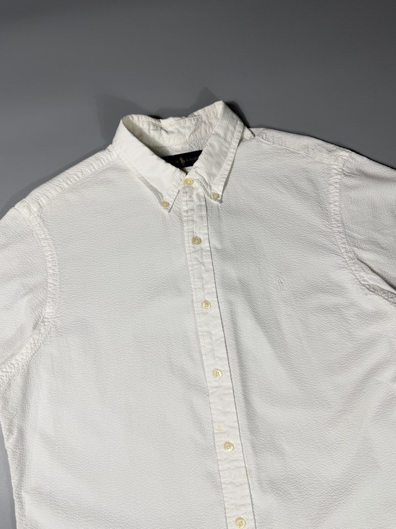 RL White Pony Textured Button-Up S/S Polo White (Category: Formal Shirts) located in Manila. Submitted by whowearsstreetwear (Listing ID 1467561194, Image 2). Description: RL White Pony Textured Button-Up S/S Polo White (Authentic) - Size: Large (measurements in inches) W - 22.5 L - 30 Condition: Excellent Flaw/s: minor light stain only + shipping fee Location: Manila (Near UST).