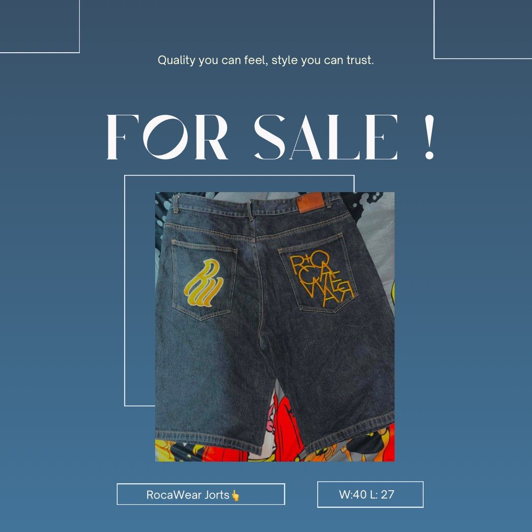 RocaWear Denim (Category: Shorts) located in Manila. Submitted by xlyssaa_20 (Listing ID 1467518746, Image 1). Description: - Brand: RocaWear - Style: Denim jorts / baggy hip-hop streetwear - Color/Wash: Dark wash - Size: Waist 40, Length 27 - Details: Yellow embroidered logo graphics on back pockets, solid heavy-duty stitching - Condition: Excellent.