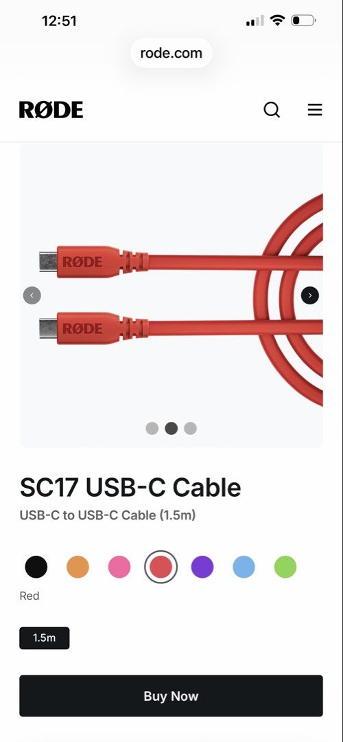 RODE SC17 USB-C to USB-C Audio Cable 1.5m Red (Category: Chargers & Cables) located in Mandaluyong City. Submitted by maropa (Listing ID 1467399780, Image 1). Description: - Product: RODE SC17 USB-C Cable - Color: Red - Length: 1.5 meters - Condition: Clean and ready to use - Features: Shielded design, -Speed certified - Compatibility: Works with RODE products featuring a USB-C connector, connects to computers, phones, and tablets - No box. No st
