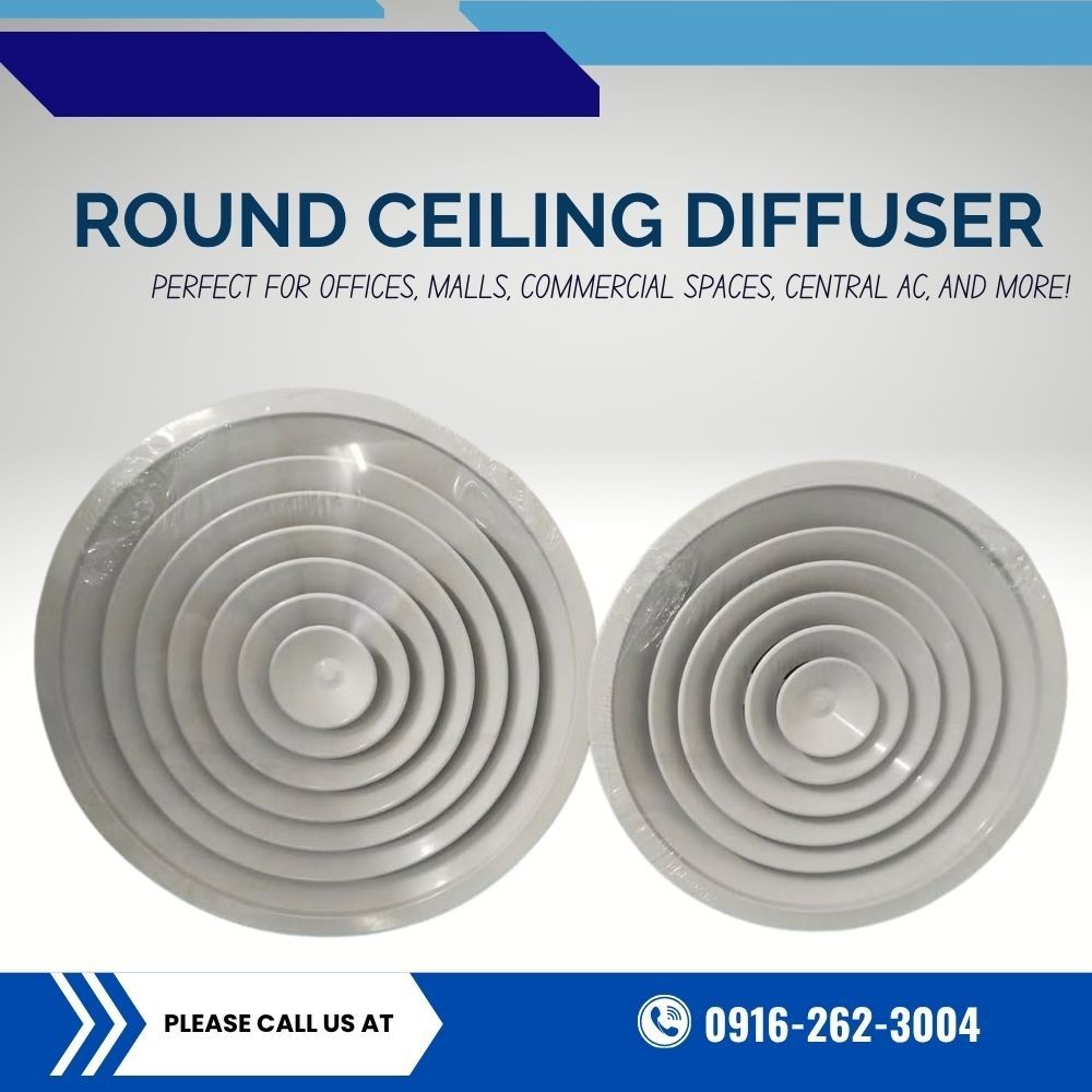 Round Ceiling Diffuser for Central AC and Commercial Spaces (Category: Air Purifiers & Dehumidifiers) located in Manila. Submitted by cyrenejoye (Listing ID 1467377713, Image 1). Description: - Round ceiling diffuser units for central air conditioning - Perfect for offices, malls, and commercial spaces - Clean white concentric ring style for even air distribution - Multiple sizes available to fit your needs - Contact the number in the image for i