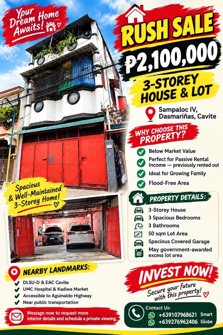 Rush house and lot (Category: House & Lot) located in Manila. Submitted by happyhorse.6e9811 (Listing ID 1467374476, Image 1). Description: ₱2.1M RUSH SALE Rush rush — 3-STOREY HOUSE & LOT 📍 Sampaloc IV, Dasmariñas, Cavite ✅ Below Market Value ✅ Perfect for Passive Rental Income — previously rented out ✅ Ideal for Growing Family ✅ Flood-Free Area 🏠 Property Details: • 3-Storey House • 3 Spacious Bedrooms • 3 Bathrooms • 50 sqm Lot Area • Spacio