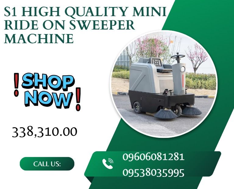 S1 High Quality Mini Ride on Sweeper Machine (Category: Everything Else Others) located in Caloocan City. Submitted by gollemrea92925 (Listing ID 1467375366, Image 1). Description:  Sweeping Panths: 1250mm  Rolling Brush Width: 490mm  Side Brush Width: 260mm  Productivity: 6000 m²/H  Working Speed: 0-10km/h  Water tank capacity: 10L  Dustbin Capacity: 80L  Battery Capacity: 48/67V/Ah  Side Brush Motor: 90W  Main Brush Motor: 550W  Driv