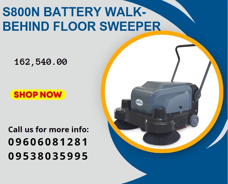 S800N BATTERY WALK-BEHIND FLOOR SWEEPER (Category: Everything Else Others) located in Caloocan City. Submitted by javierchec55656 (Listing ID 1467375140, Image 1). Description:  Sweeping width: >1000mm  Main brush width: 400mm  Side Brush width: 400mm  Working time: >4h  Working efficiency: 4000m²/H  Dust container capacity: >30L  Battery:12V  Filter areas: 1.5m²  Power: 220W  Packing size: 1000*980*610mm  Weight: 65kg .