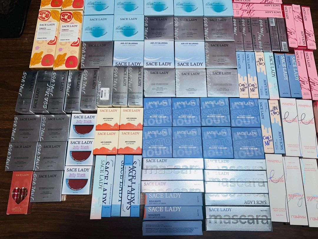 Sace Lady makeup and skincare bundle assorted items (Category: Makeup) located in Bacoor. Submitted by prelovedbyphaty (Listing ID 1467450145, Image 3). Description: 105pcs. - Brand: Sace Lady - Condition: Brand new, unopened in original packaging - Available items: Tomato whitening toners, air-fit blurring face powders, BB cushions, blush creams, mascaras, liquid lipsticks, and eyeshadows - Options: Multiple boxes and individual pieces available