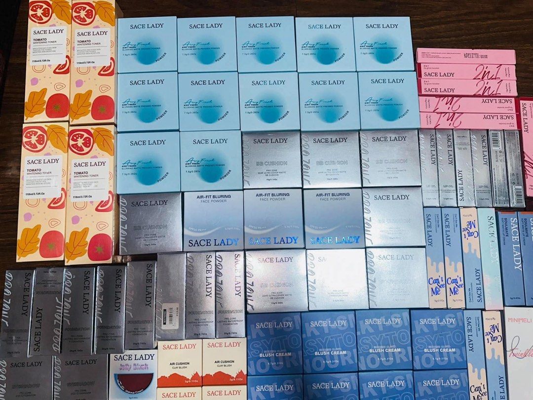 Sace Lady makeup and skincare bundle assorted items (Category: Makeup) located in Bacoor. Submitted by prelovedbyphaty (Listing ID 1467450145, Image 1). Description: 105pcs. - Brand: Sace Lady - Condition: Brand new, unopened in original packaging - Available items: Tomato whitening toners, air-fit blurring face powders, BB cushions, blush creams, mascaras, liquid lipsticks, and eyeshadows - Options: Multiple boxes and individual pieces available