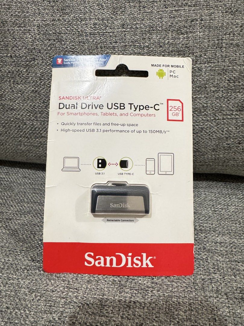 SanDisk Ultra Dual Drive USB Type-C 256GB (Category: Hard Disks & Thumbdrives) located in Cainta. Submitted by dj_tom (Listing ID 1467506613, Image 1). Description: - Brand: SanDisk Ultra Dual Drive - Capacity: 256GB - Connectors: USB Type-C and USB 3.1 - Speed: Up to 150MB/s - Compatibility: Smartphones, tablets, and computers - Design: Convenient retractable design - Condition: Brand new, still sealed in original packaging.