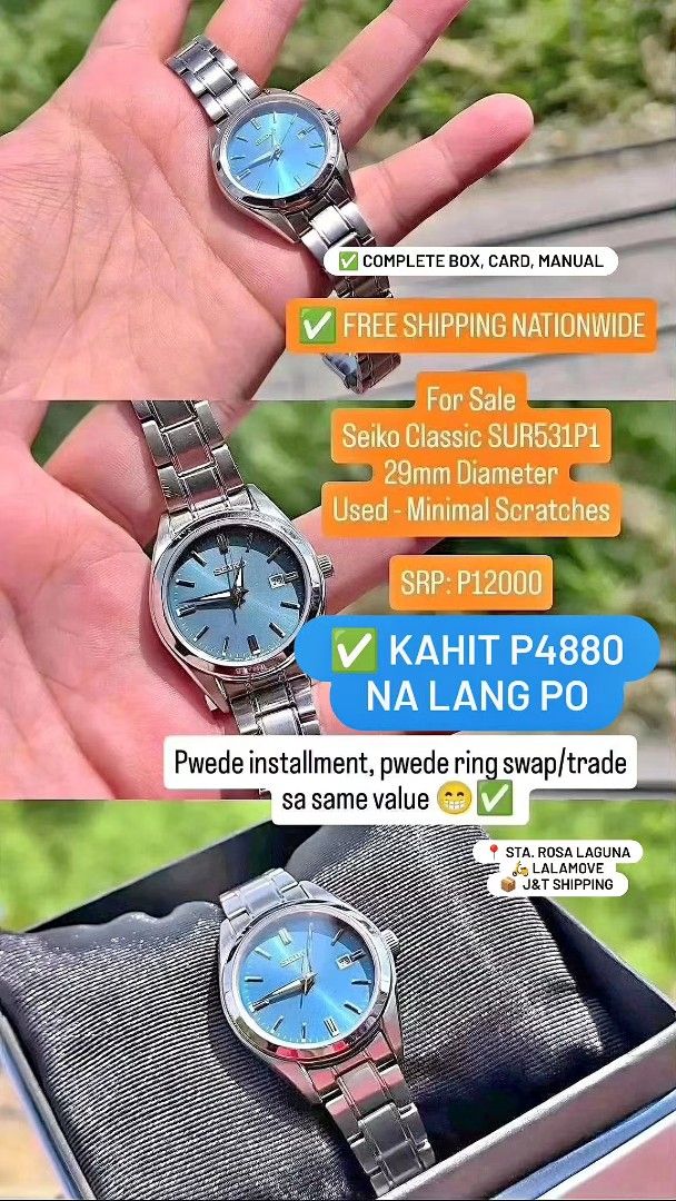 Seiko Classic SUR531P1 29mm Watch (Category: Men's Watches) located in Caloocan City. Submitted by ziondrei (Listing ID 1467505405, Image 1). Description: - Brand: Seiko Classic - Model: SUR531P1 - Specs: 29mm case diameter, striking blue dial - Condition: Used, minimal scratches on case and bracelet - Inclusions: Complete box, guarantee card, and manual - Price: ₱4,880 (SRP: ₱12,000) - Payment/Trade: Installment options and swaps for equivalent 