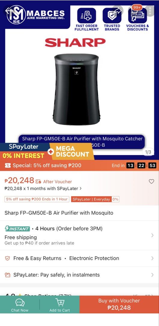 Sharp FP-GM50E-B Air Purifier with Mosquito Catcher (Category: Air Purifiers & Dehumidifiers) located in Quezon City. Submitted by pre.loved_items (Listing ID 1467384677, Image 2). Description: - Model: Sharp FP-GM50E-B Air Purifier & Mosquito Catcher (Black) - Condition: Brand new, unopened, still in original retail box - Coverage: Ideal for rooms up to 40 square meters - Features: Triple-action filtration (dust, pollen, pet dander, odors) + Pla