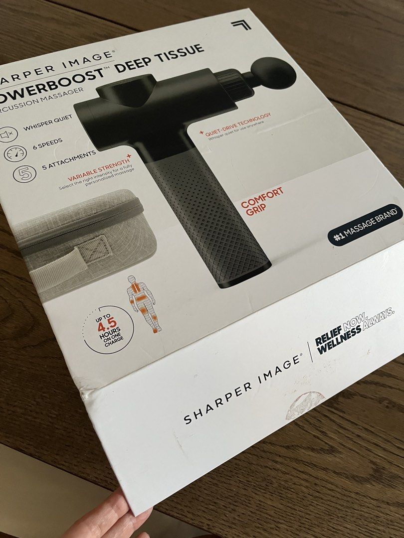 Sharper Image Powerboost Deep Tissue Percussion Massager (Category: Massage Devices) located in Makati City. Submitted by zebra45 (Listing ID 1467423334, Image 1). Description: Last Price already. Price in U.S 6-7k Brand: Sharper Image Powerboost Deep Tissue Percussion Massager - Condition: Brand new, unused inside original retail packaging - Color: Sleek black - Performance: Quiet-drive technology motor with 6 adjustable speed settings - Battery