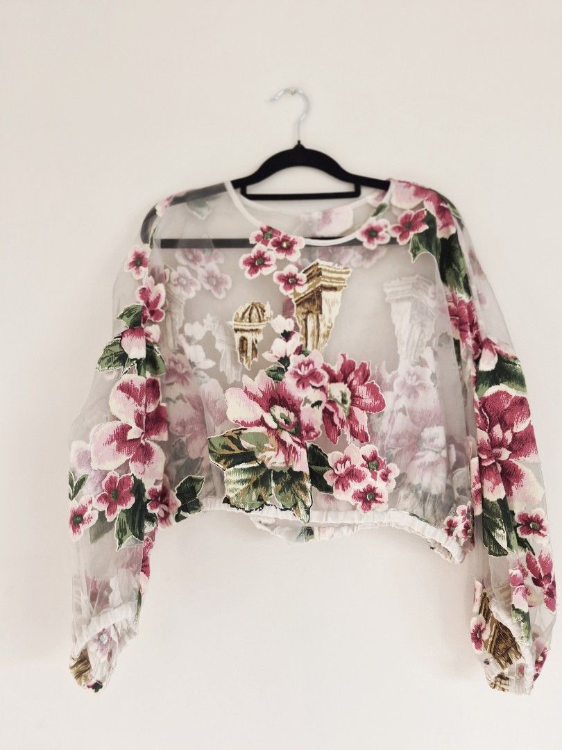 Sheer Floral Longsleeves Top (Category: Blouses) located in Manila. Submitted by unknowncloset (Listing ID 1467448820, Image 1). Description: - Sheer long-sleeve blouse with pink floral prints and architectural column graphics - Versatile design: can be worn frontwards or backwards - Cropped length with gathered elastic hem and cuffs - Made from a lightweight, breathable fabric - Features delicate floral appliques throughout for an extra touch of