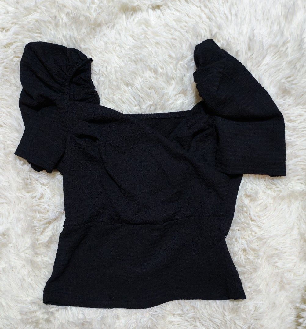 Shein Black Puff Sleeve Square Neck Top Size M (Category: Blouses) located in Quezon City. Submitted by dolcesoprano (Listing ID 1467421049, Image 1). Description: - Brand: Shein - Size: M (EU 38, US 6) - Color: Classic Black - Condition: Brand new with tag attached - Design: All-over textured fabric with a chic square neckline and wrap front - Sleeves: Short puff sleeves with gathered shoulder details - Fit: Flattering fitted silhouette down to 