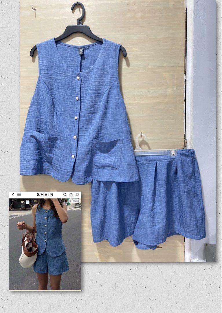 Shein Coords for Sale (Category: Sets or Coordinates) located in Manila. Submitted by sheenasott40644 (Listing ID 1467387681, Image 2). Description: - Matching two-piece set - Sleeveless button-front vest with front pockets - High-waisted pleated shorts - Lightweight, textured fabric - Versatile for casual or smart casual wear - Easy to mix and match with other wardrobe staples.