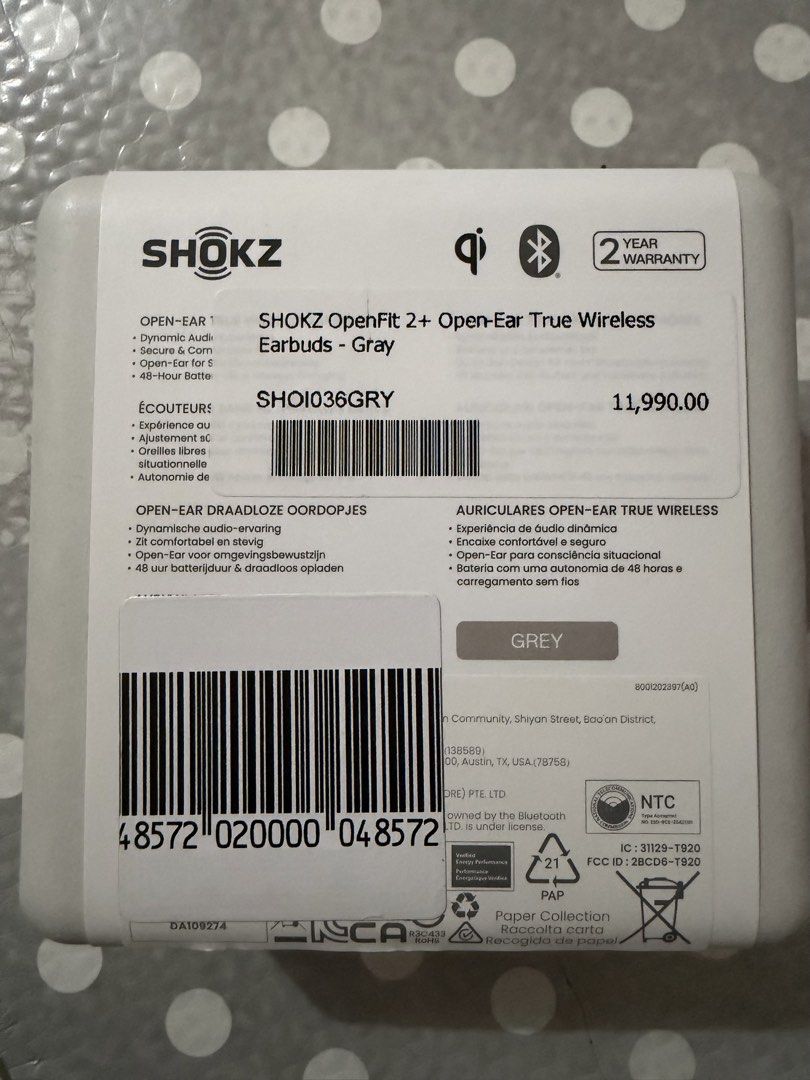 Shokz OpenFit 2+ Open-Ear Wireless Earbuds (Category: Earphones) located in Marikina City. Submitted by plnkrs (Listing ID 1467405445, Image 2). Description: - Model: Shokz OpenFit 2+ (Color: Gray, SKU: SHOI036GRY) - Condition: Brand new, factory-sealed, and never opened - Audio: Enhanced with Dolby Audio support - Charging: Convenient wireless charging capability - Warranty: Official 2-year warranty included - Ideal for comfortable, situational-