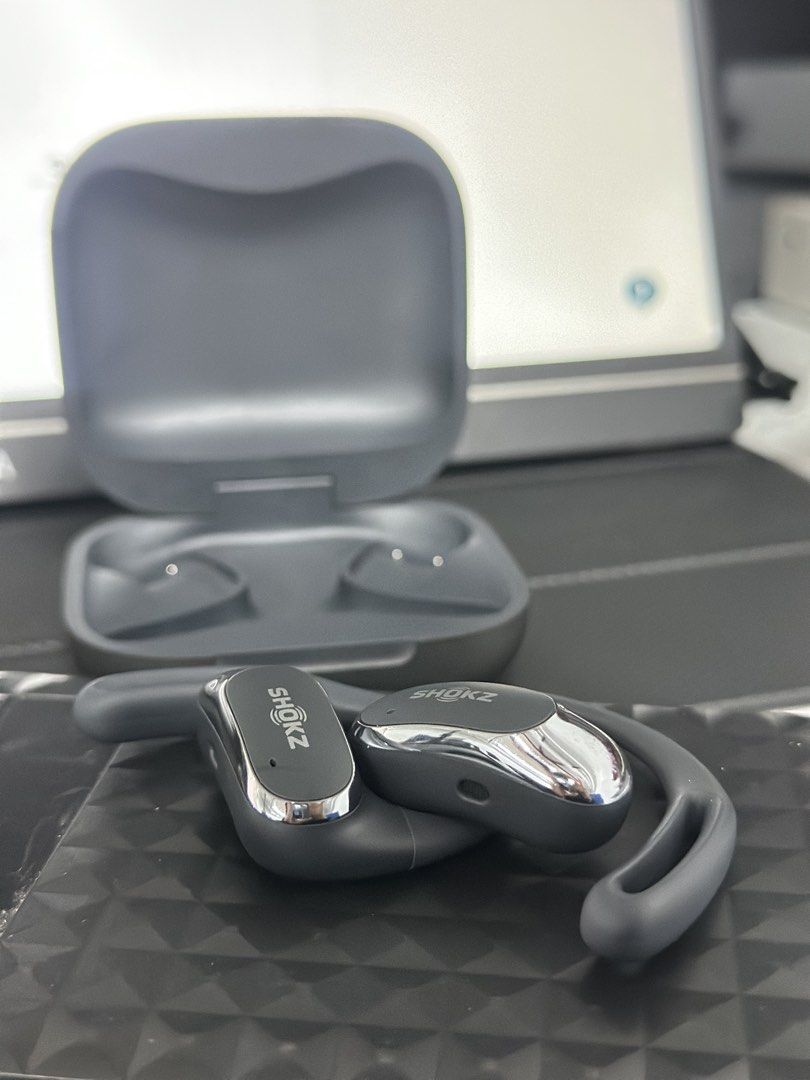 Shokz OpenFit Open-Ear True Wireless Earbuds (Interest Check) (Category: Earphones) located in Manila. Submitted by goldschlagered (Listing ID 1467517199, Image 1). Description: - Item: Shokz OpenFit Wireless Earbuds - Color: Dark grey with matte finish and metallic silver accents - Design: Open-ear for total comfort and situational awareness - Ideal for: Running, workouts, and daily use - Includes: Matching battery charging case, box. Can’t find