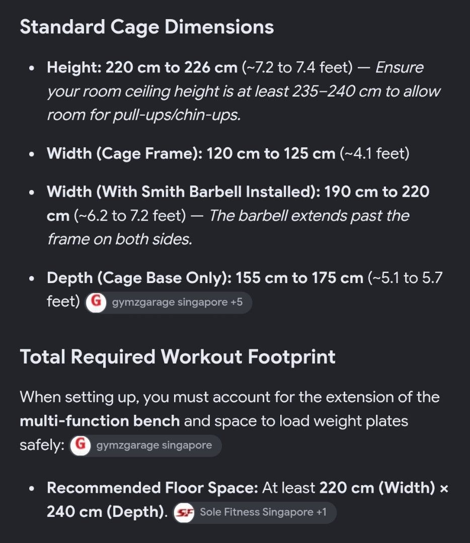 Smith Machine Multi-Function (Category: Weights & Dumbbells) located in Singapore. Submitted by maiaraf823 (Listing ID 1467368648, Image 3). Description: Full 80kg set home gym equipment. Includes Smith gantry, barbell, and multi-function bench. Net machine weight about 350kg to 450kg based on 80kg built-in iron weight stack. Cage height 220cm to 226cm, frame width 120cm to 125cm, and barbell width up to 220cm. Needs at least 220cm width by 240cm