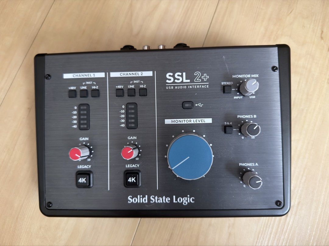 Solid State Logic SSL 2+ USB Audio Interface (Category: Soundbars, Speakers & Amplifiers) located in Singapore. Submitted by jh000425 (Listing ID 1467368942, Image 1). Description: - Model: Solid State Logic SSL 2+ USB Audio Interface - Inputs: 2 XLR inputs with individual gain pots, +48V phantom power, line, and -Z switches - Sound Enhancement: Legacy 4K analog enhancement buttons on both channels - Controls: Large central blue monitor level kno
