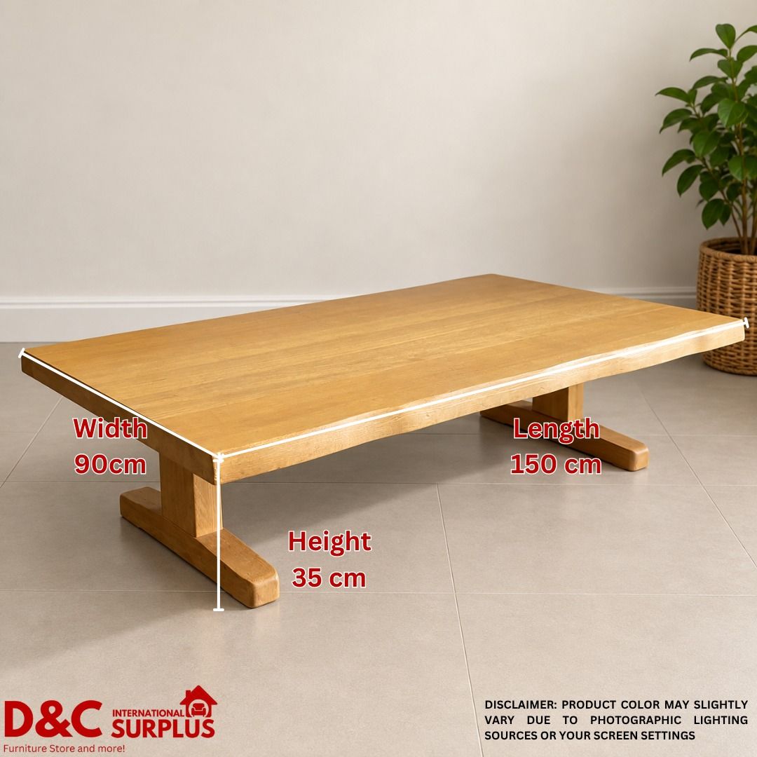 SOLID WOODEN LOW TABLE / CENTER TABLE (Category: Tables & Sets) located in Caloocan City. Submitted by dcintsurplus (Listing ID 1467425779, Image 2). Description: SOLID WOODEN LOW TABLE / CENTER TABLE P3,490 📏 DIMENSIONS: • Length: 150 cm • Width: 90 cm • Height: 35 cm 📋 Product Details: • Natural wood finish • Sturdy and functional design • Unique wood grain • Pre-loved surplus item at an affordable price! ⚠️ Please note: This is a surplus/pre