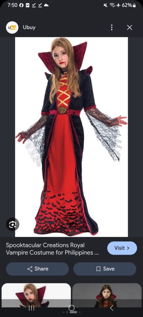 Spooktacular Creations Royal Vampire Costume (Category: Babies & Kids Fashion) located in Caloocan City. Submitted by rb_17 (Listing ID 1467579644, Image 1). Description: - Estimated size can fit to 11-12uears old slim body or xs adult Brand: Spooktacular Creations - Style: Royal vampire costume dress - Material & Design: Black velvet with striking pink and gold accents - Key Features: High standing collar, chest criss-cross detail, laced mesh sl