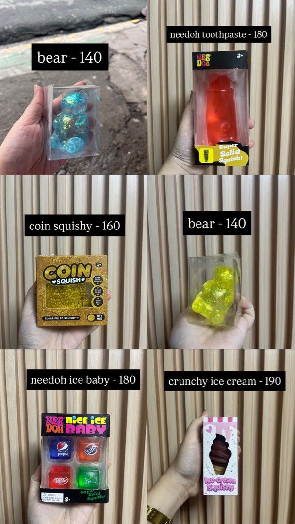 Squishy Toys Collection Multiple Styles Available (Category: Kids Toys) located in Manila. Submitted by gelfaves (Listing ID 1467500871, Image 2). Description: - Variety of cute squishy stress relief toys available - Designs: Starbucks drink, cubes, donuts, tigers, bears, cheese, and crunchy fruits - Perfect for sensory play, fidgeting, or collection - Each piece comes in its individual packaging box - Prices range from ₱100 to ₱400 per design - 